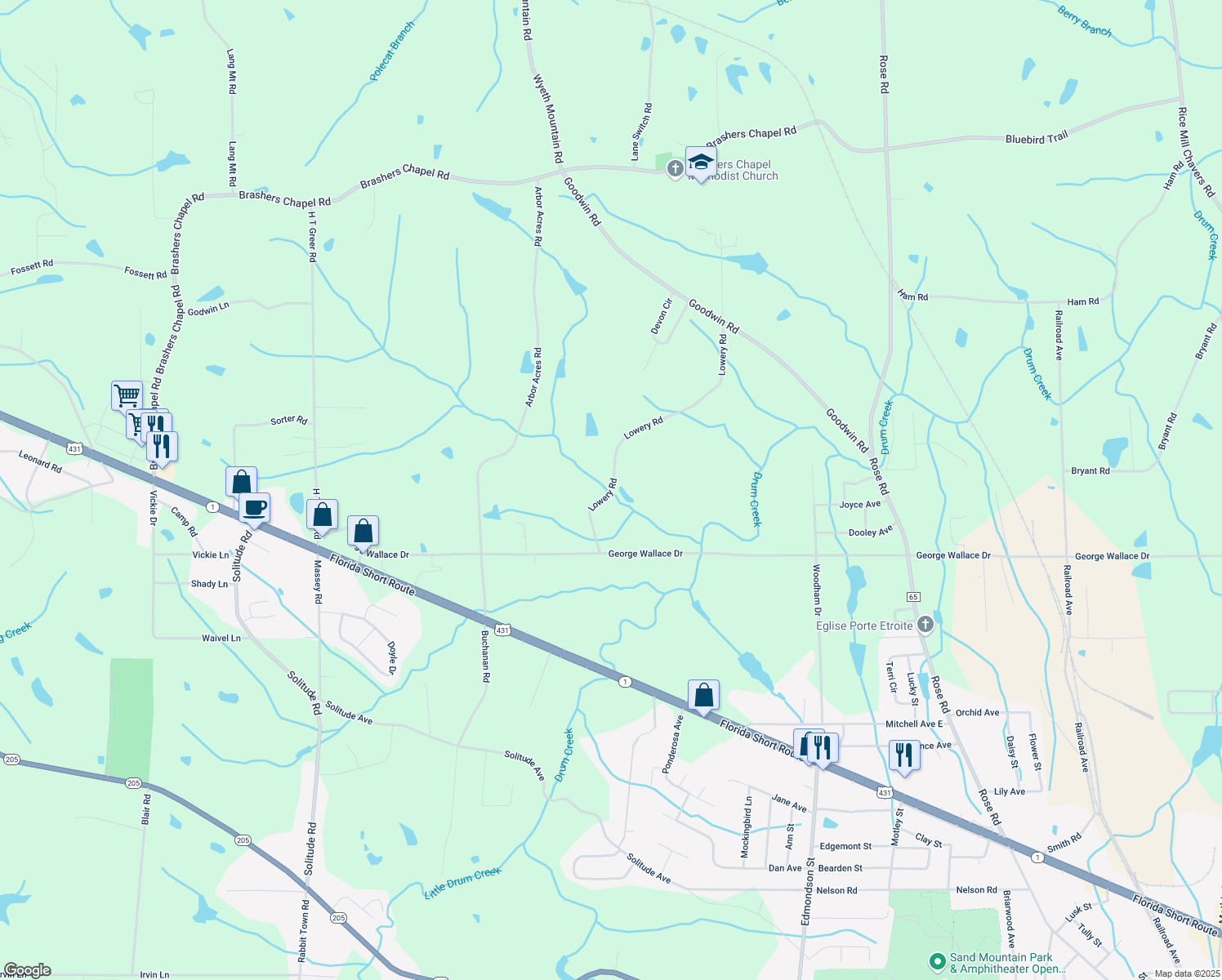 map of restaurants, bars, coffee shops, grocery stores, and more near 236 Lowery Rd in Albertville
