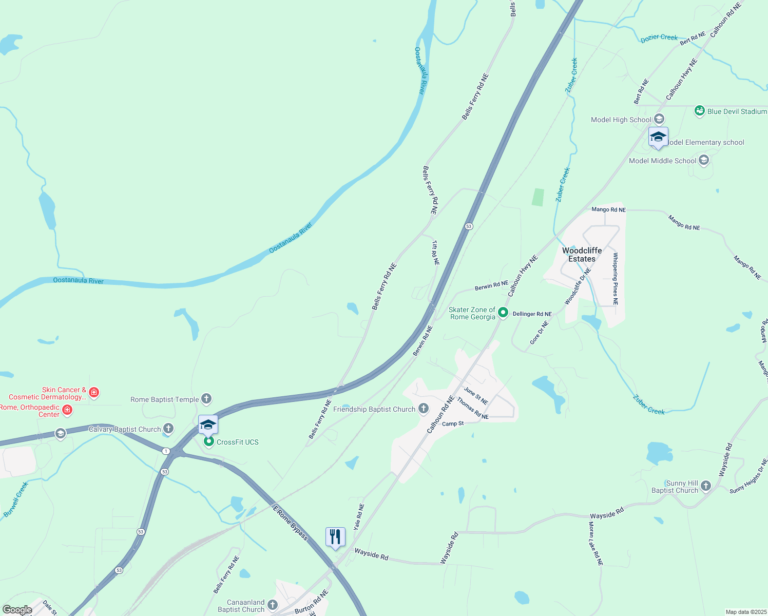 map of restaurants, bars, coffee shops, grocery stores, and more near 232 Bells Ferry Road Northeast in Rome