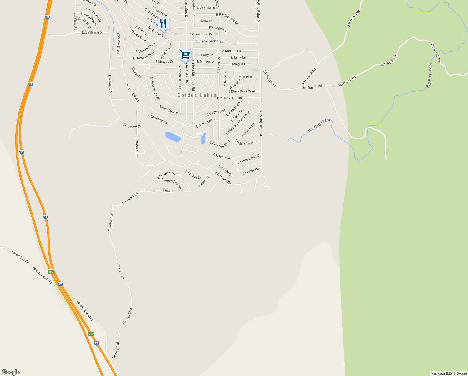 map of restaurants, bars, coffee shops, grocery stores, and more near 20815 East Fremont Drive in Mayer