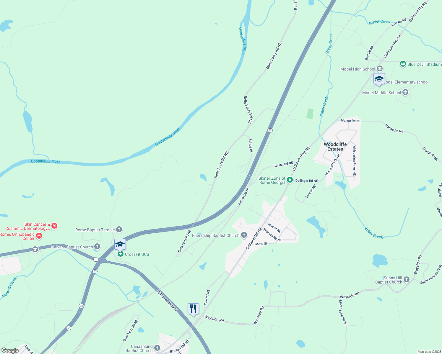 map of restaurants, bars, coffee shops, grocery stores, and more near 232 Bells Ferry Road Northeast in Rome
