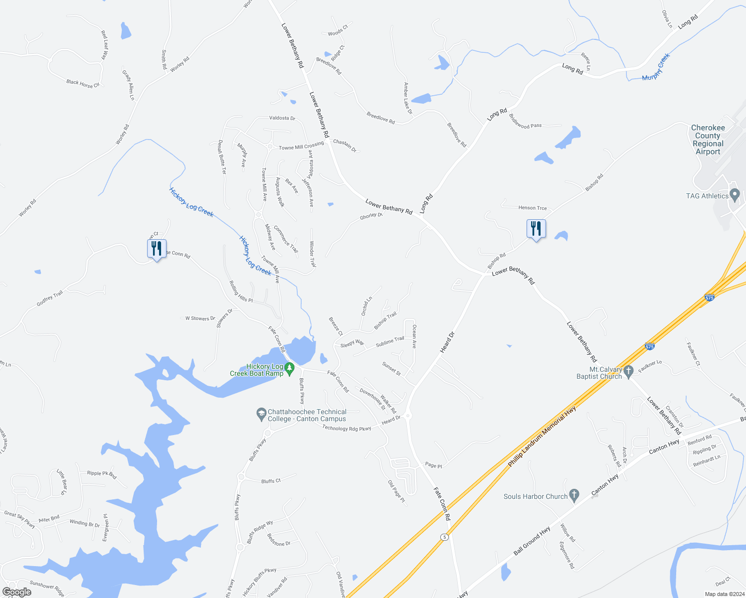 map of restaurants, bars, coffee shops, grocery stores, and more near 428 Orchid Lane in Canton