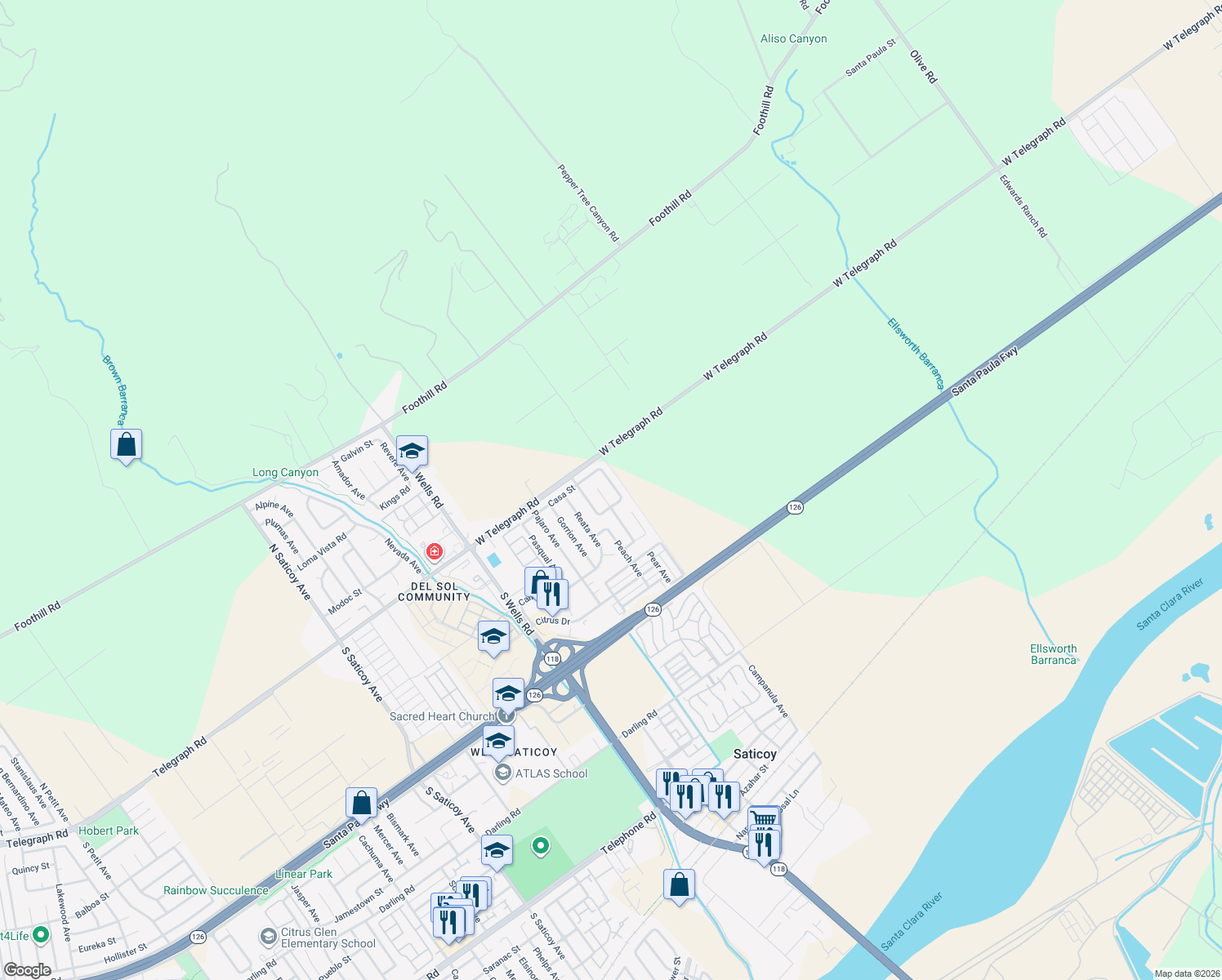 map of restaurants, bars, coffee shops, grocery stores, and more near 127 Date Avenue in Ventura