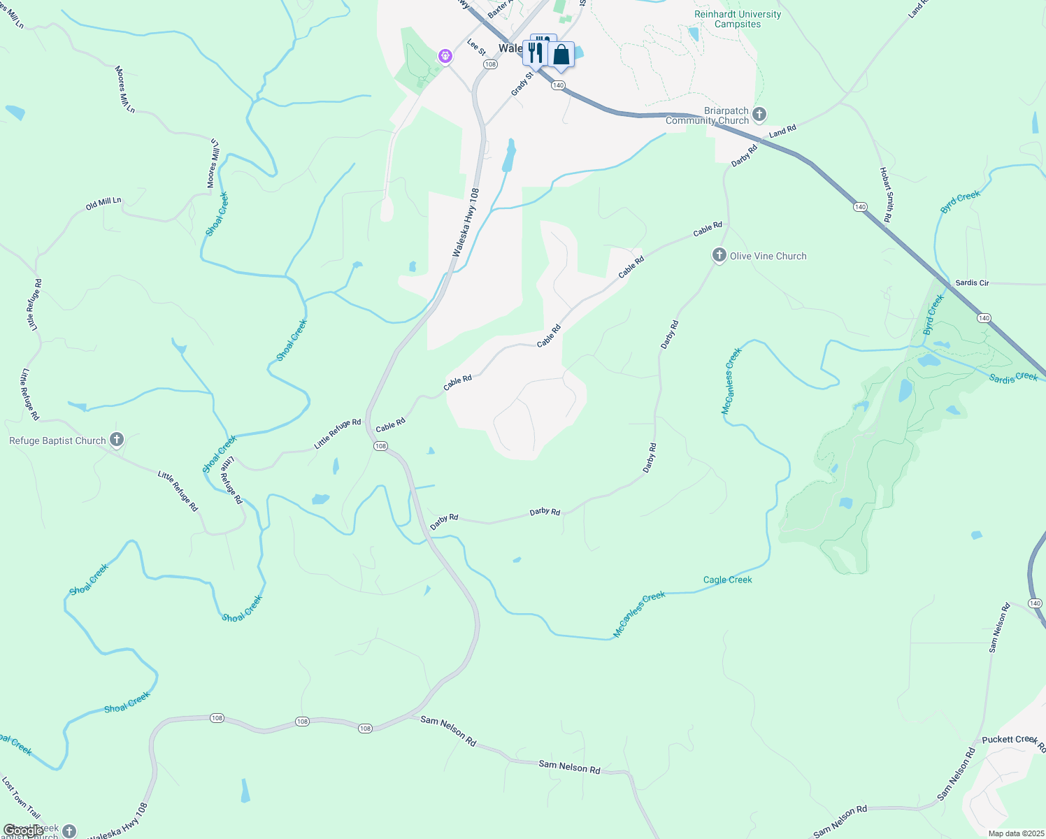 map of restaurants, bars, coffee shops, grocery stores, and more near 404 Christophers Ct in Waleska