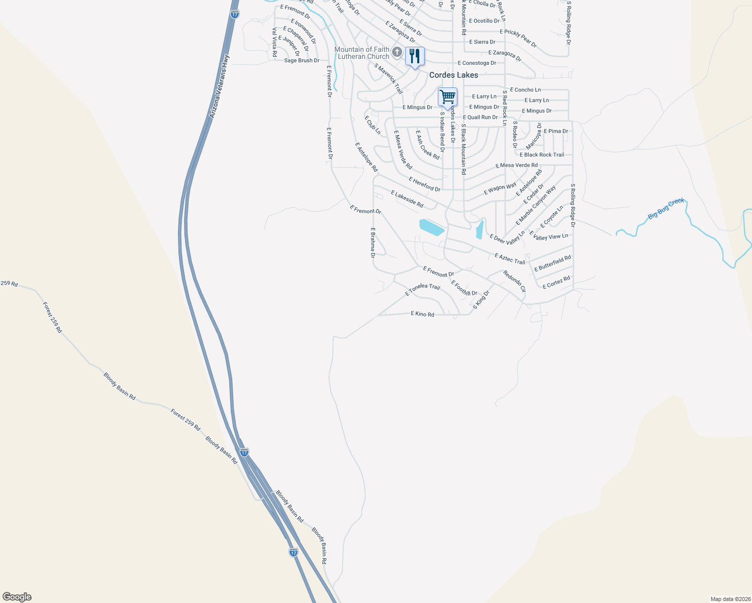 map of restaurants, bars, coffee shops, grocery stores, and more near 16897 Ramada Lane in Mayer