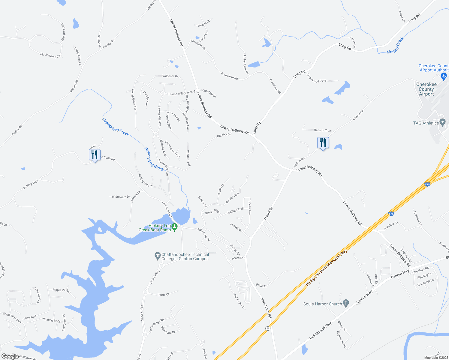 map of restaurants, bars, coffee shops, grocery stores, and more near 433 Orchid Lane in Canton
