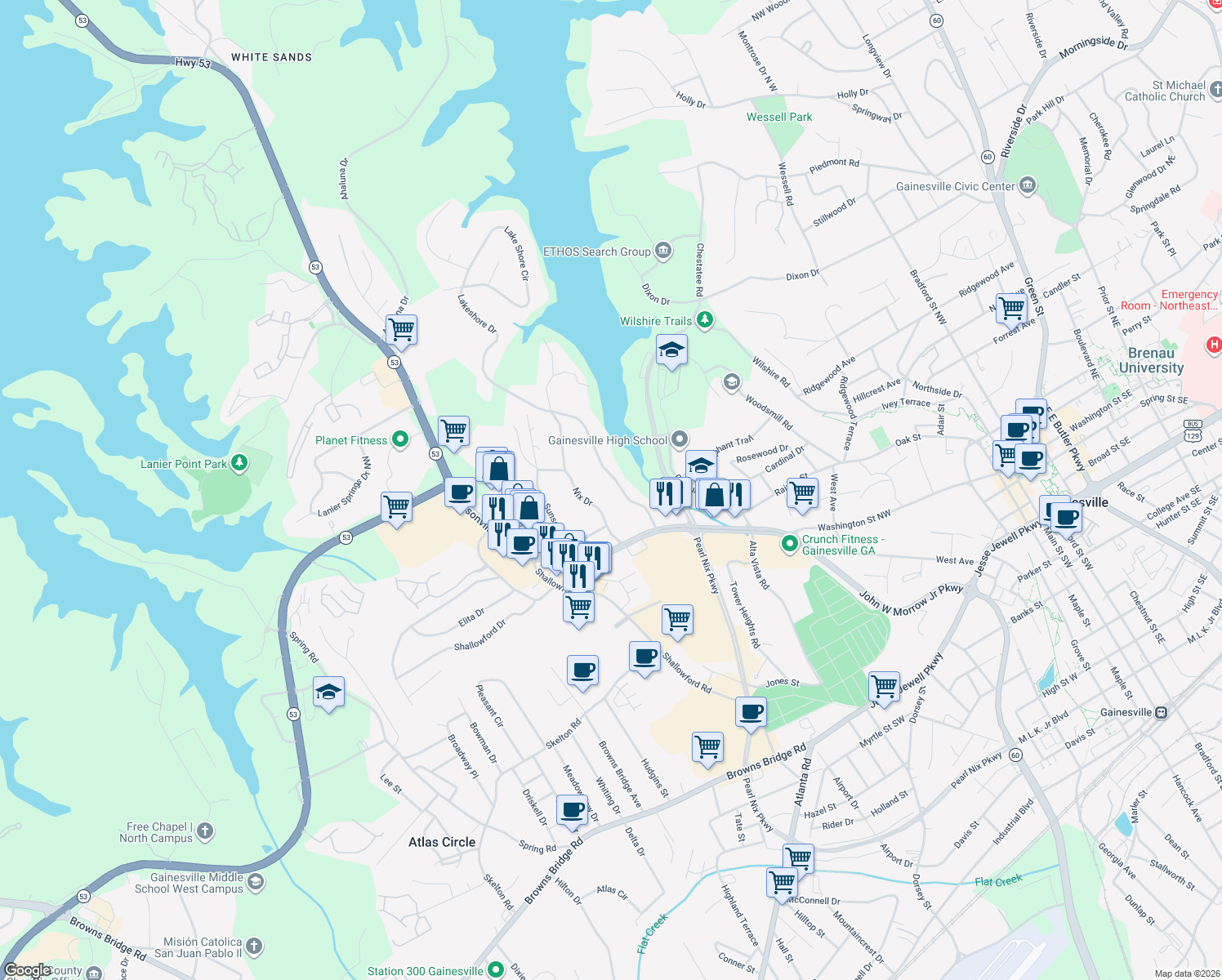 map of restaurants, bars, coffee shops, grocery stores, and more near 705 Lakeshore Dr in Gainesville