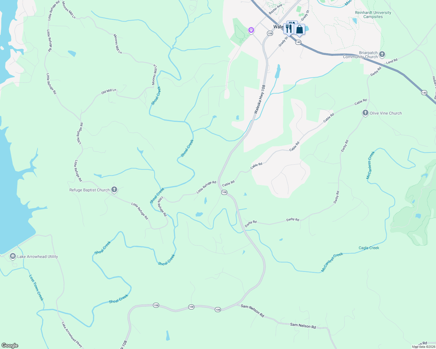 map of restaurants, bars, coffee shops, grocery stores, and more near 134 Little Refuge Road in Waleska