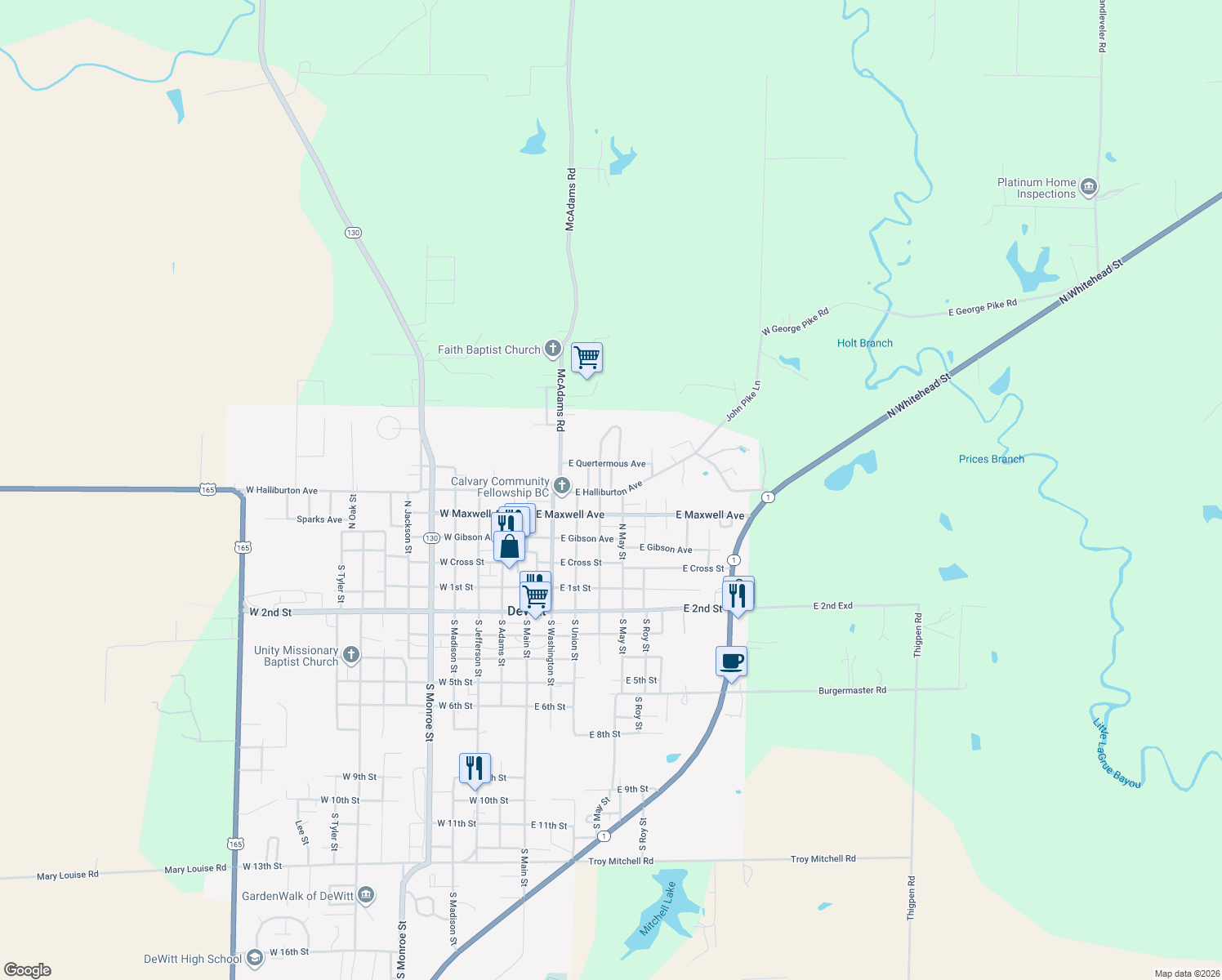 map of restaurants, bars, coffee shops, grocery stores, and more near 410 North May in DeWitt