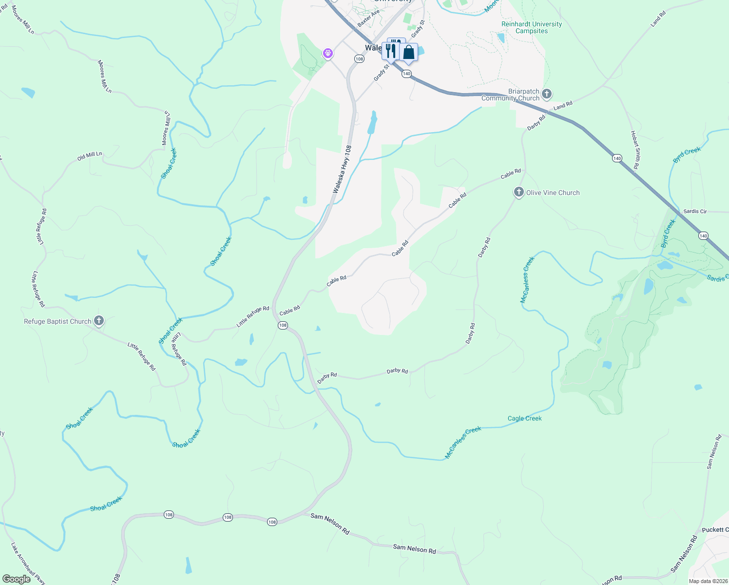 map of restaurants, bars, coffee shops, grocery stores, and more near 318 Madisons Way in Waleska