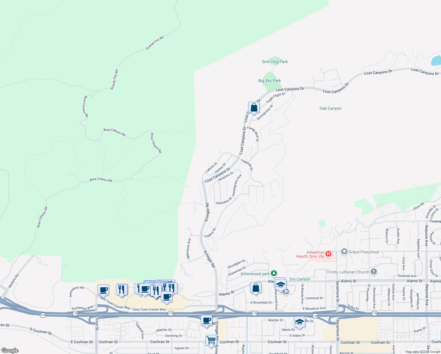 map of restaurants, bars, coffee shops, grocery stores, and more near 1927 Seasons Street in Simi Valley