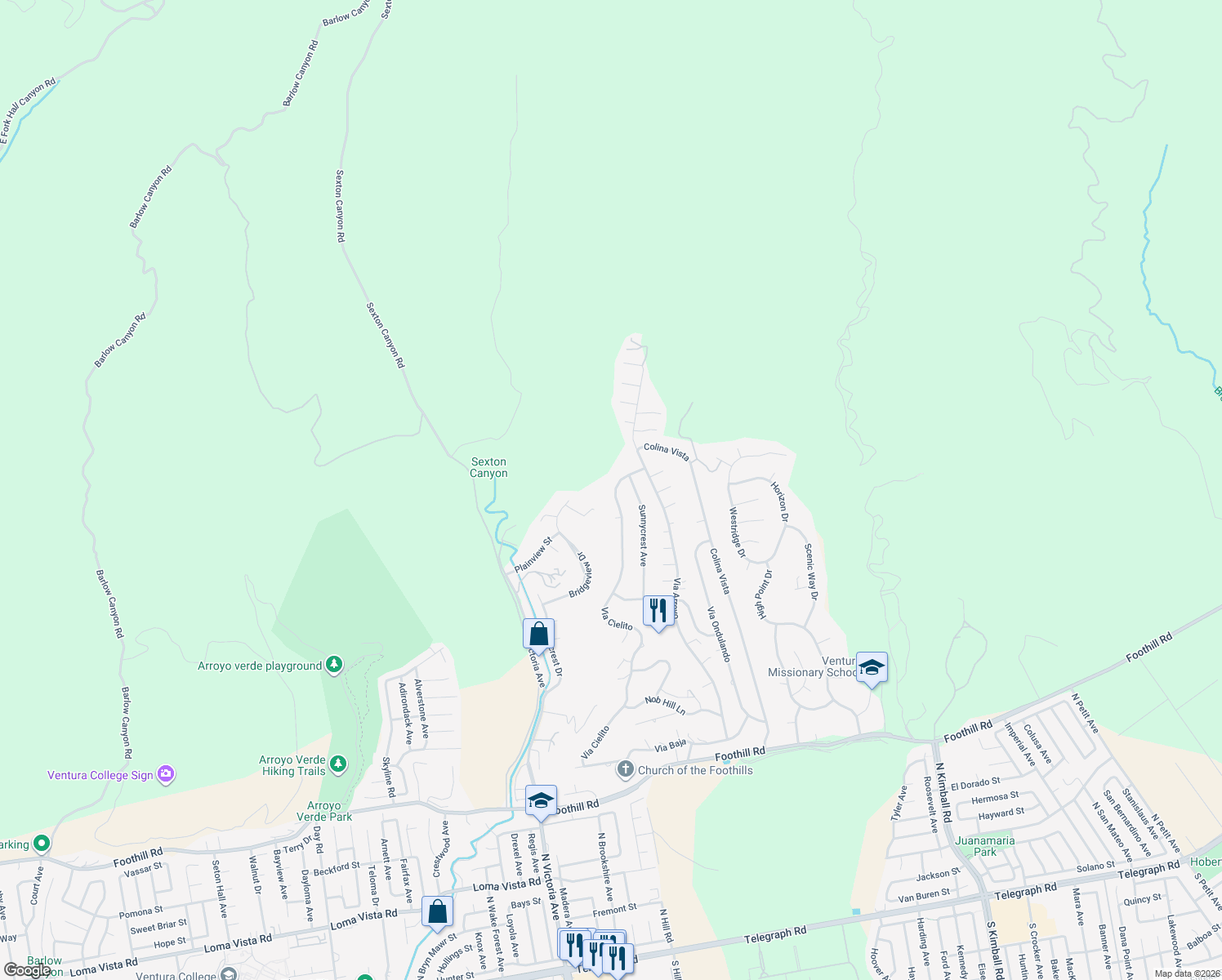 map of restaurants, bars, coffee shops, grocery stores, and more near 1231 Via Cielito in Ventura