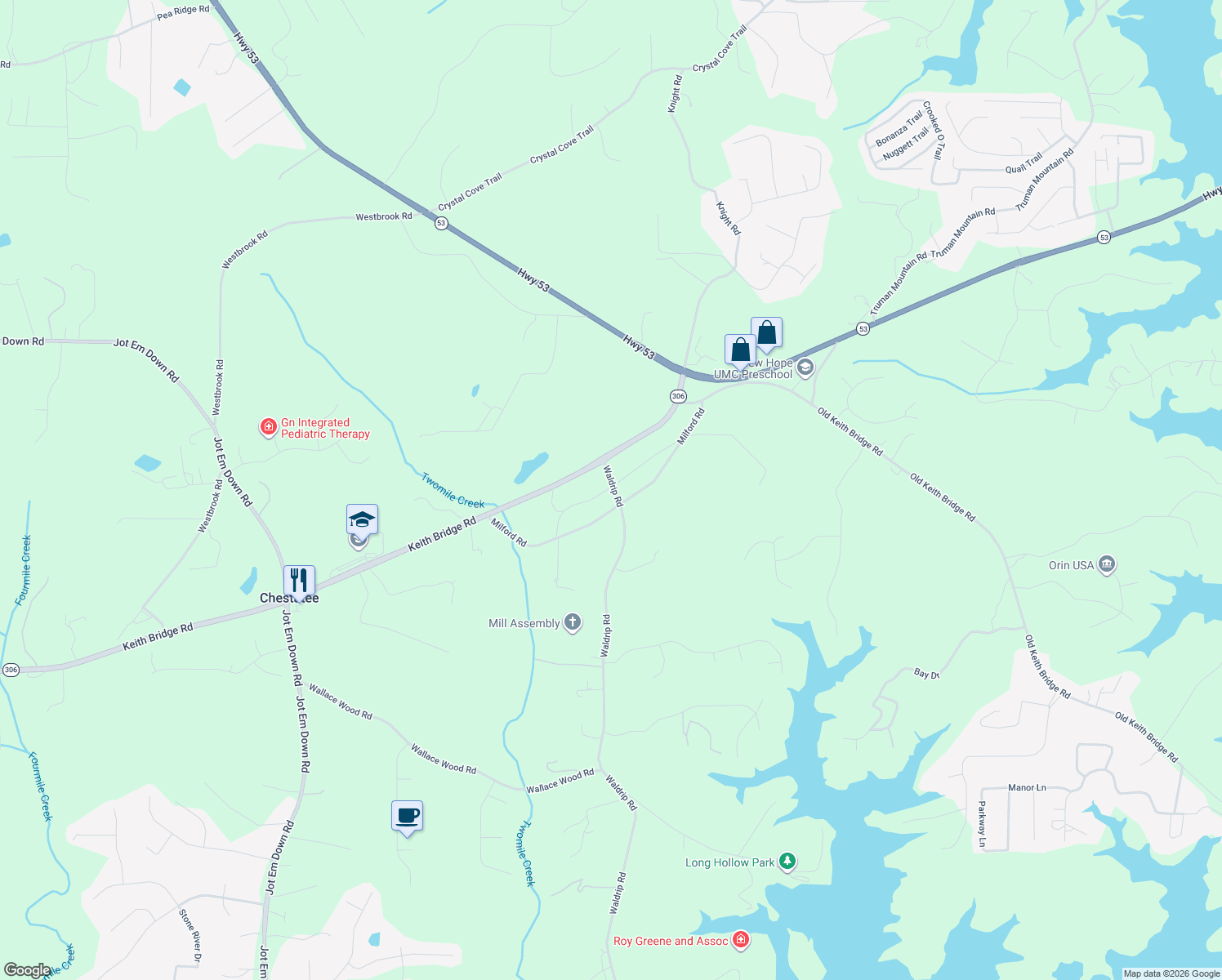 map of restaurants, bars, coffee shops, grocery stores, and more near 7645 Waldrip Road in Gainesville