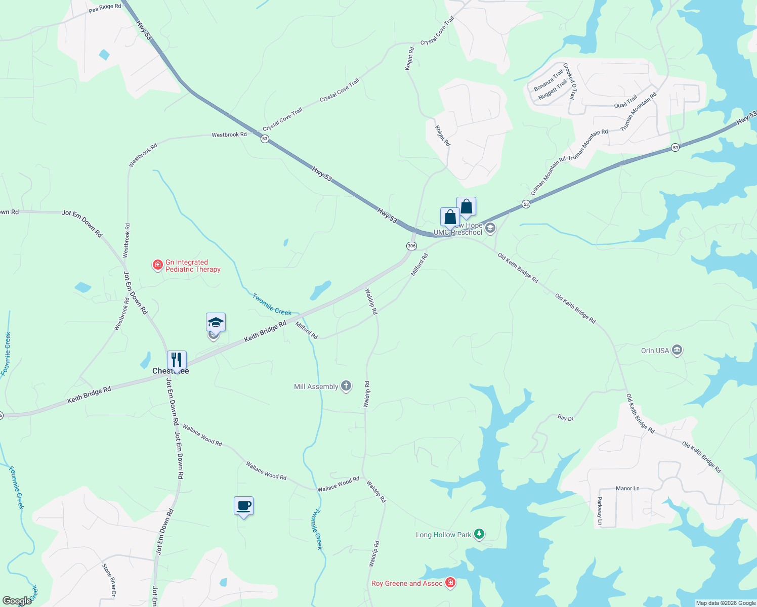 map of restaurants, bars, coffee shops, grocery stores, and more near 7645 Waldrip Road in Gainesville