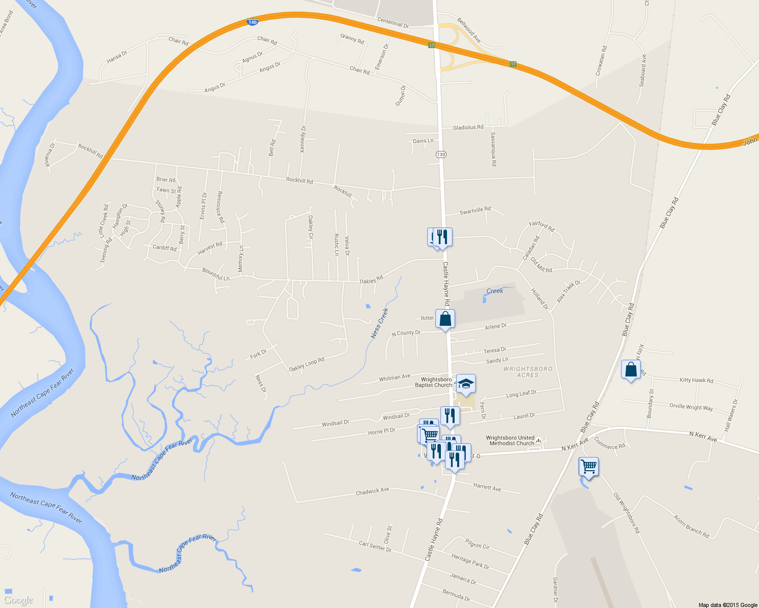 map of restaurants, bars, coffee shops, grocery stores, and more near 2422 Oakley Rd in Castle Hayne
