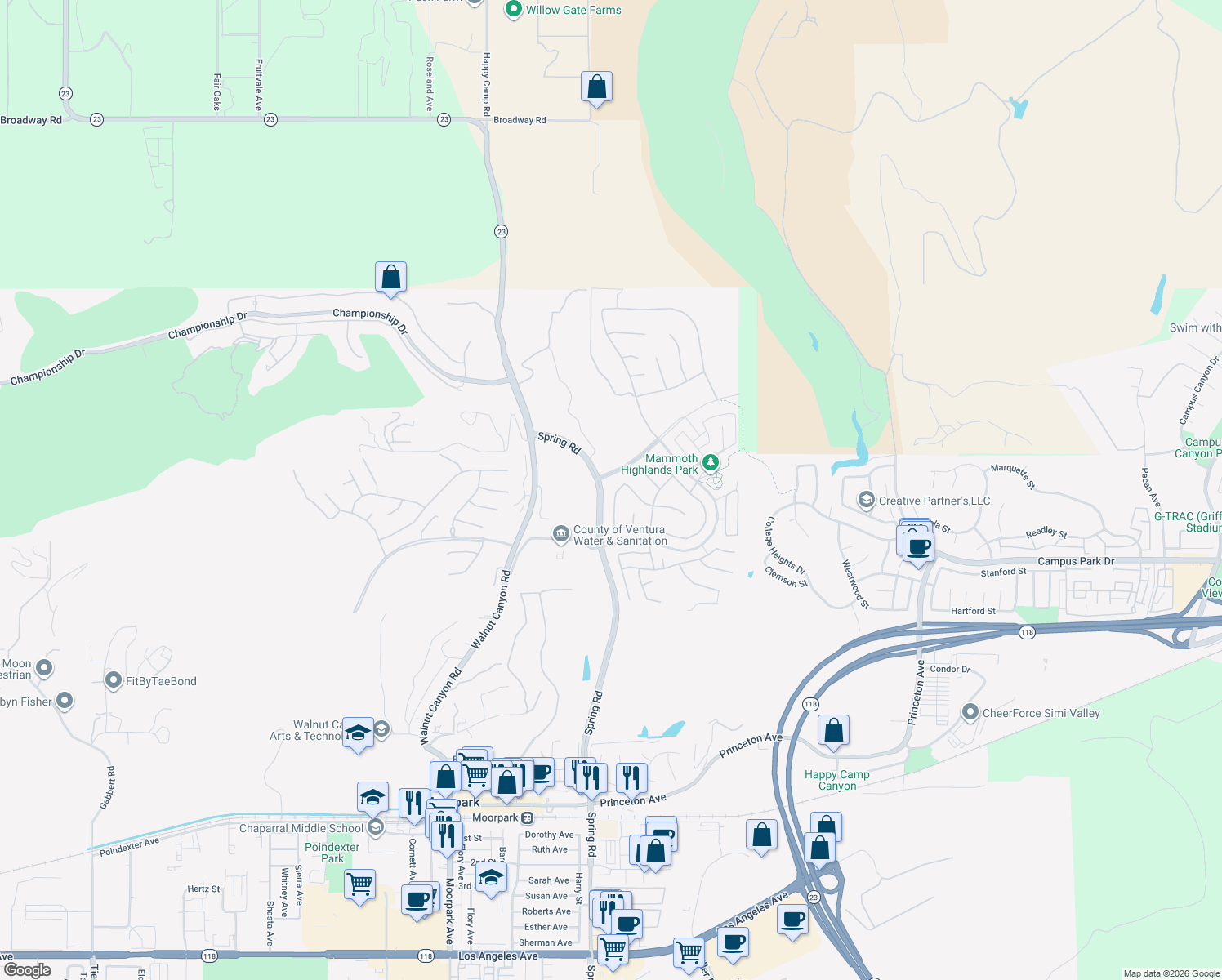 map of restaurants, bars, coffee shops, grocery stores, and more near 6921 Blue Ridge Way in Moorpark