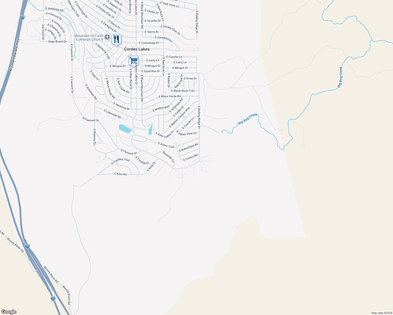 map of restaurants, bars, coffee shops, grocery stores, and more near 20933 East Cortez Road in Mayer