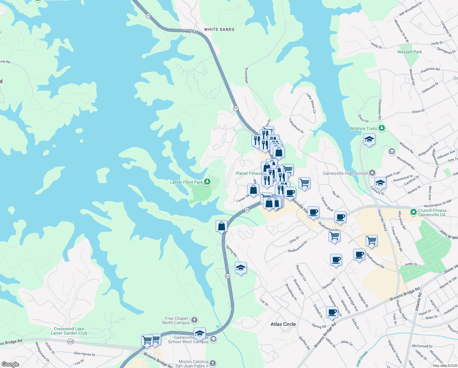 map of restaurants, bars, coffee shops, grocery stores, and more near 1528 Bluff Valley Circle in Gainesville