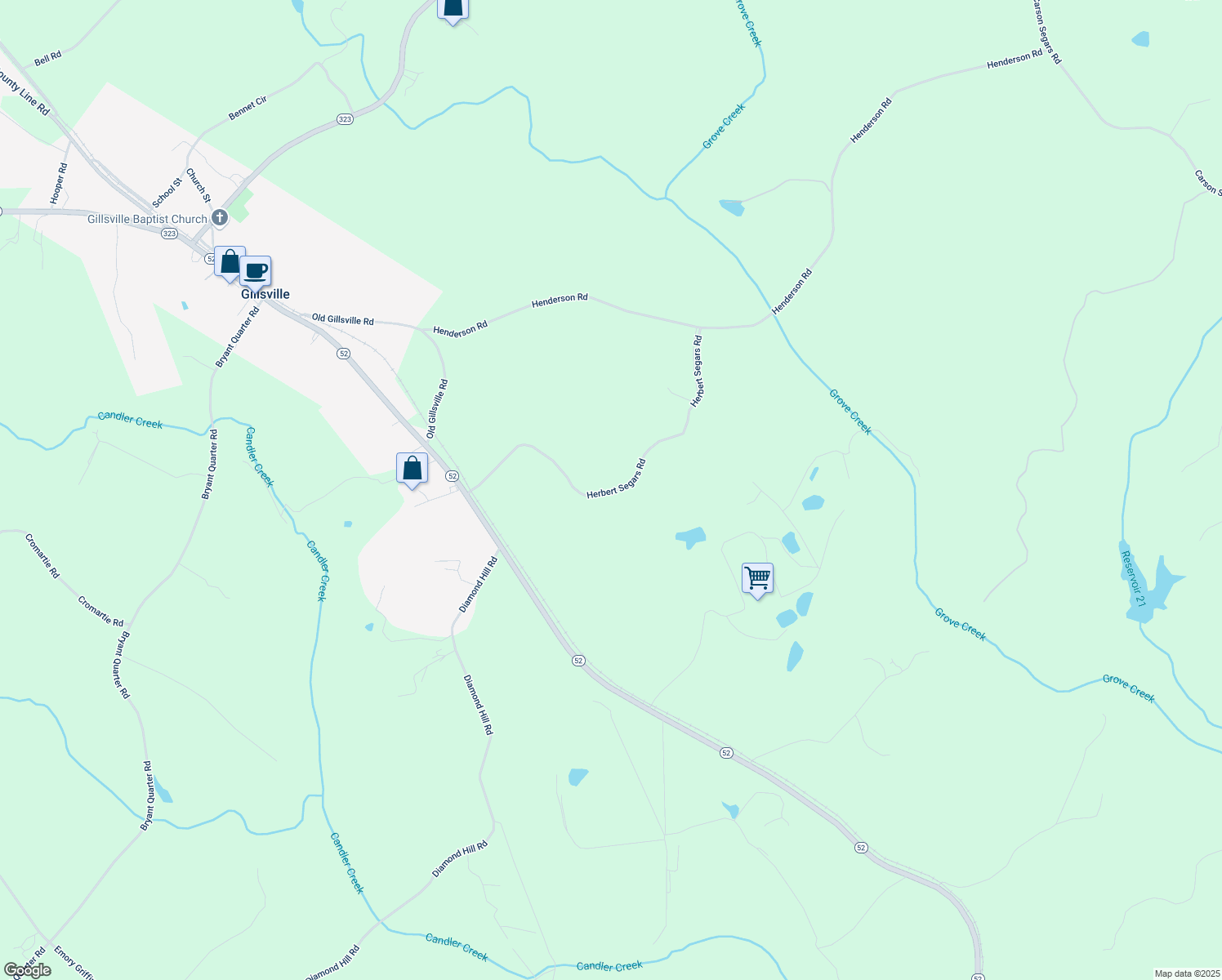 map of restaurants, bars, coffee shops, grocery stores, and more near 460 Herbert Segars Road in Gillsville