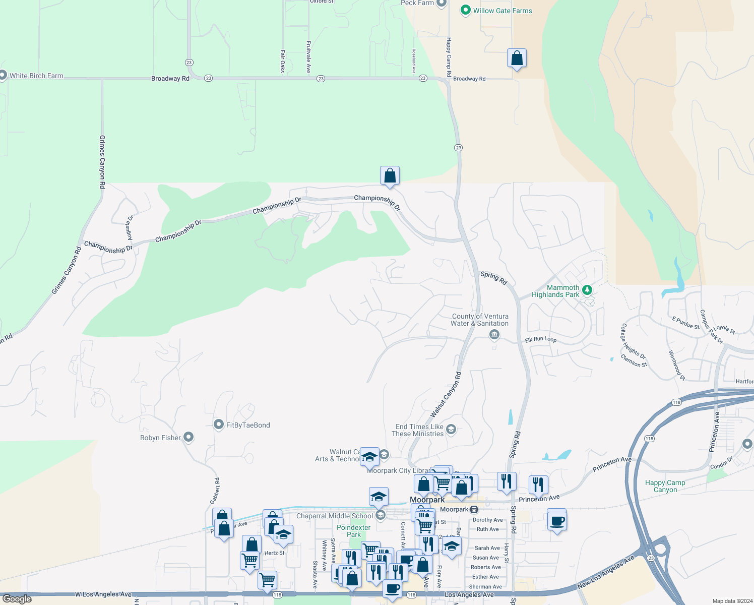 map of restaurants, bars, coffee shops, grocery stores, and more near 6949 Wildridge Court in Moorpark