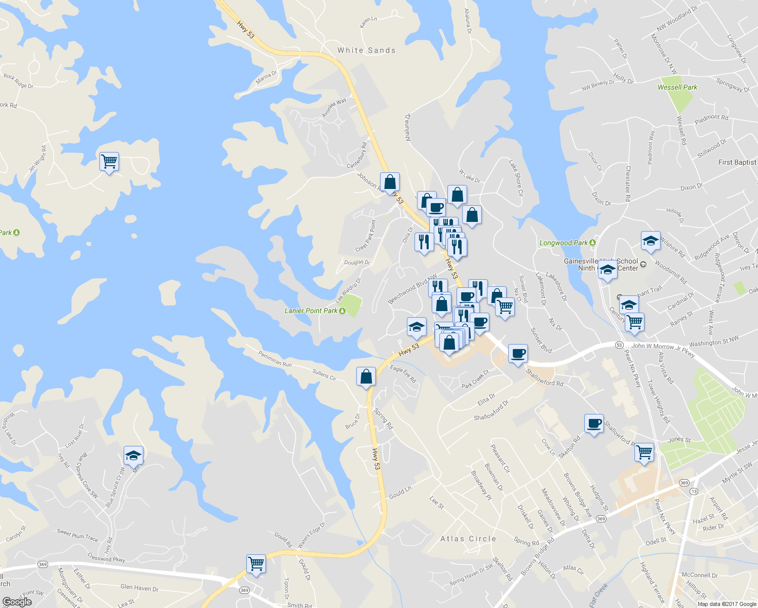 map of restaurants, bars, coffee shops, grocery stores, and more near 1536 Bluff Valley Circle in Gainesville