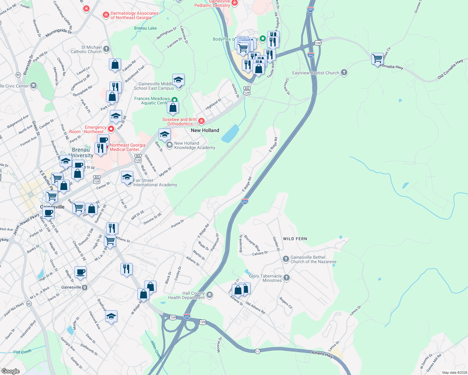 map of restaurants, bars, coffee shops, grocery stores, and more near 1179 E Ridge Rd in Gainesville