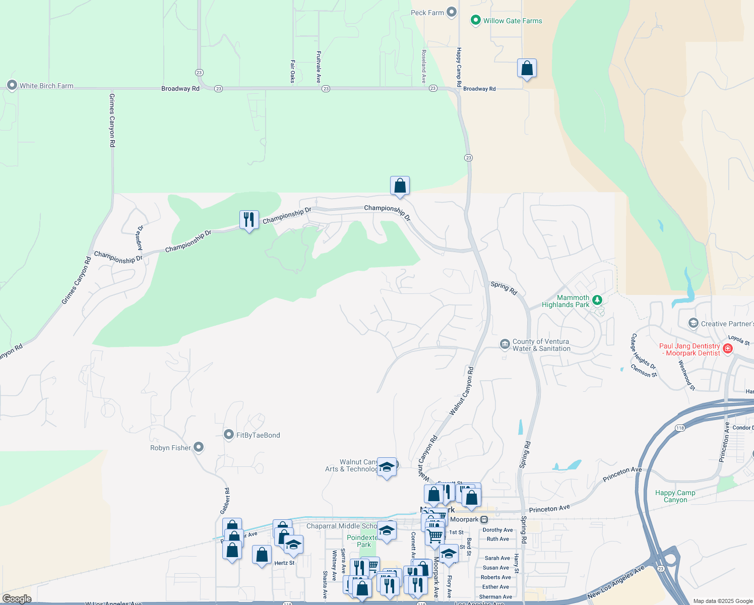 map of restaurants, bars, coffee shops, grocery stores, and more near 7017 Wildridge Court in Moorpark