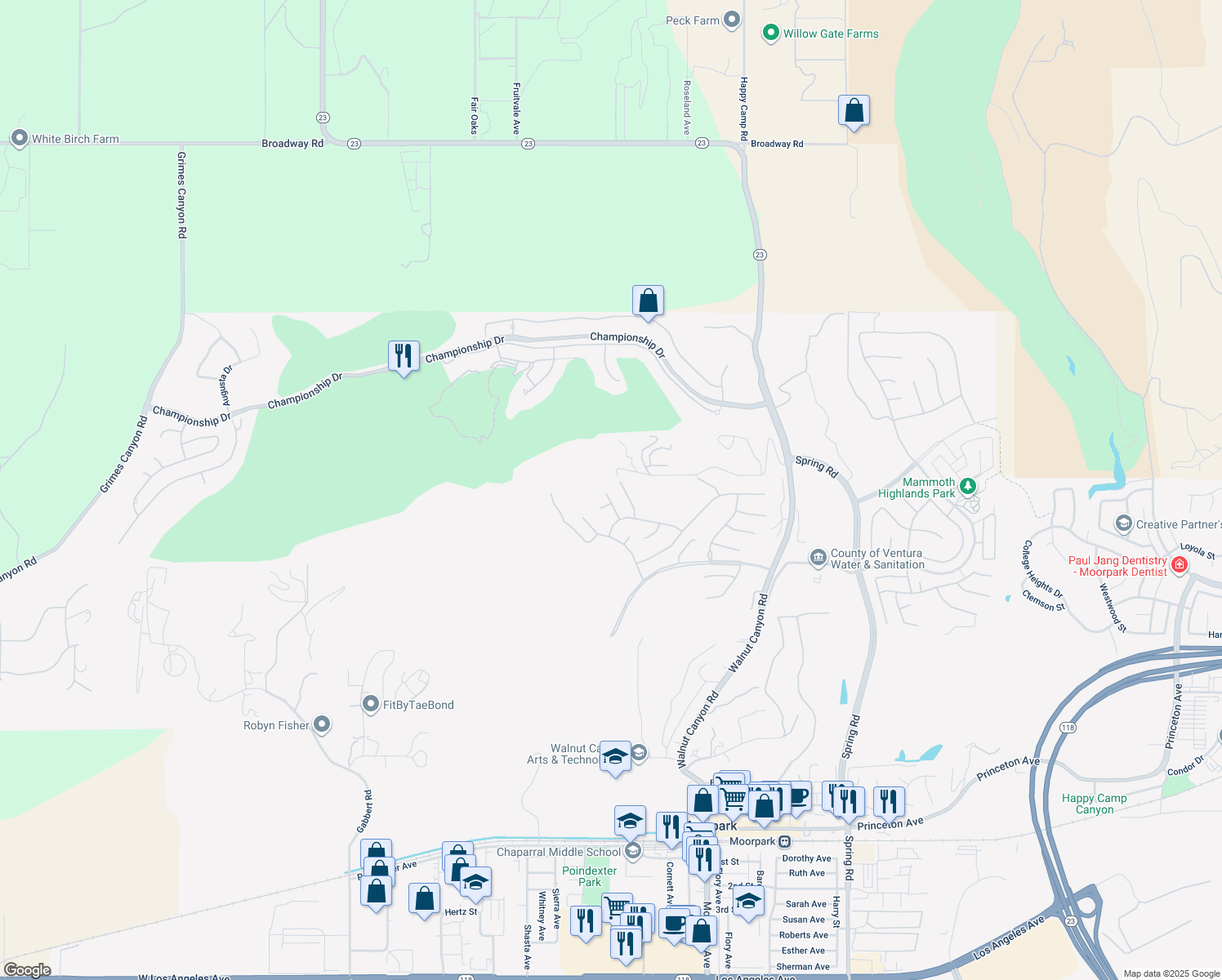 map of restaurants, bars, coffee shops, grocery stores, and more near 7020 Highgrove Place in Moorpark
