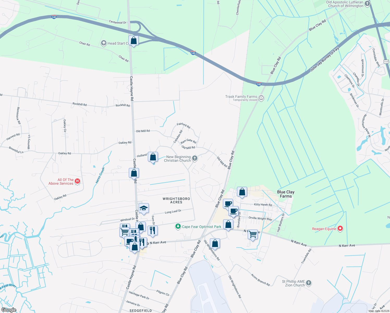 map of restaurants, bars, coffee shops, grocery stores, and more near 604 Carver Ct in Castle Hayne