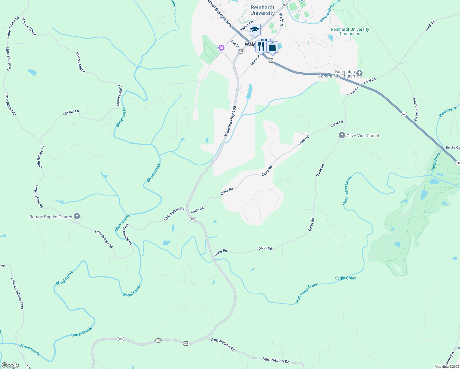 map of restaurants, bars, coffee shops, grocery stores, and more near 485 Cable Road in Waleska