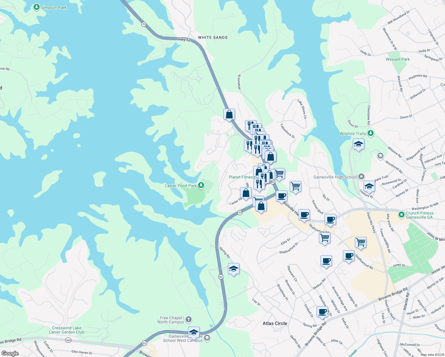 map of restaurants, bars, coffee shops, grocery stores, and more near 1457 Bluff Valley Cir in Gainesville