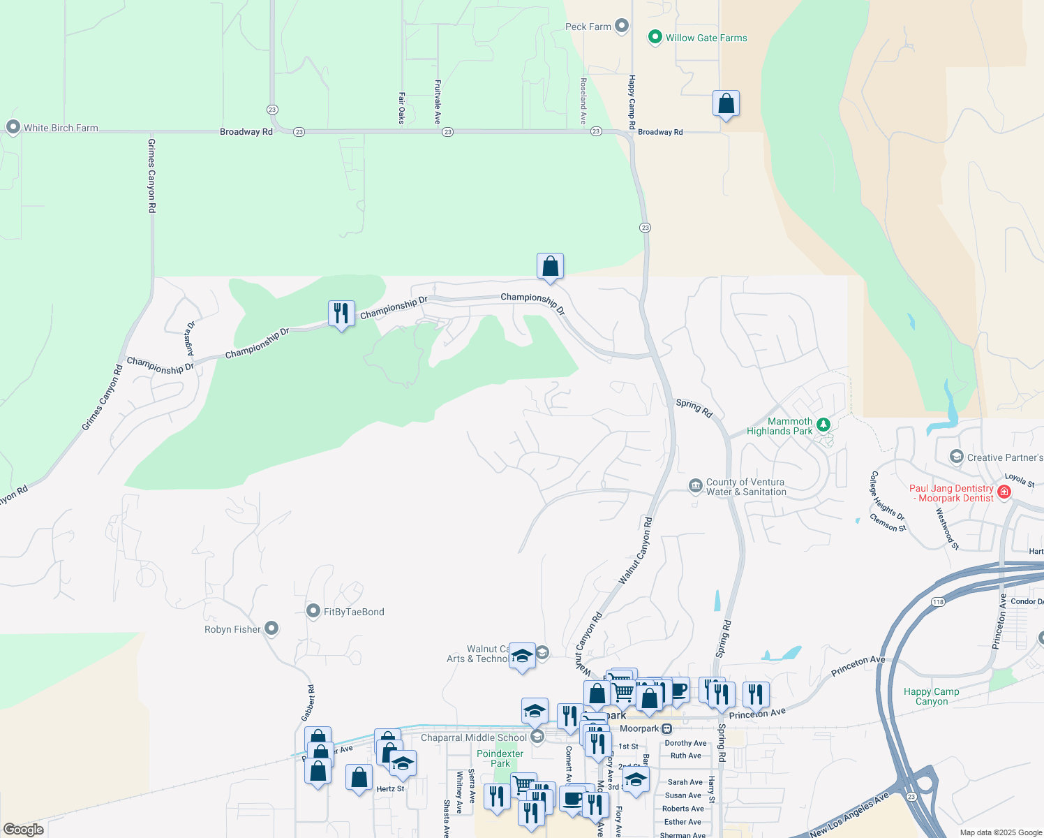 map of restaurants, bars, coffee shops, grocery stores, and more near 7017 Wildridge Court in Moorpark