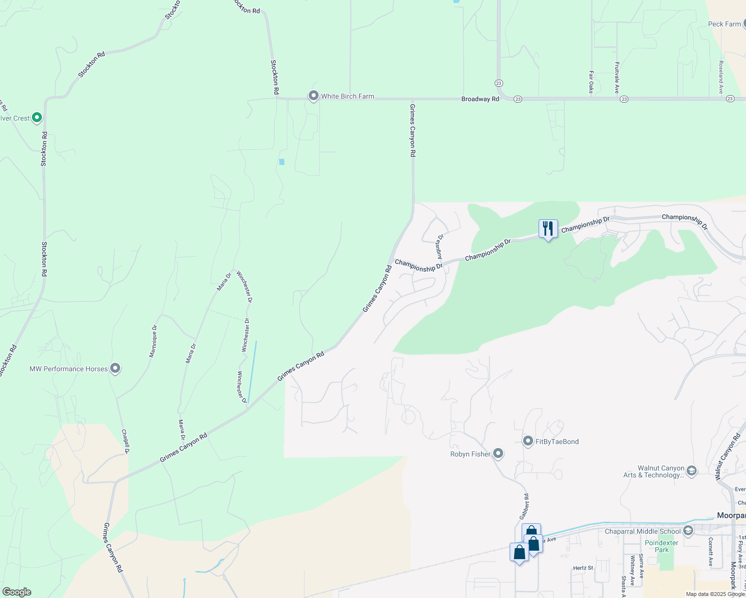 map of restaurants, bars, coffee shops, grocery stores, and more near Grimes Canyon Road in Moorpark
