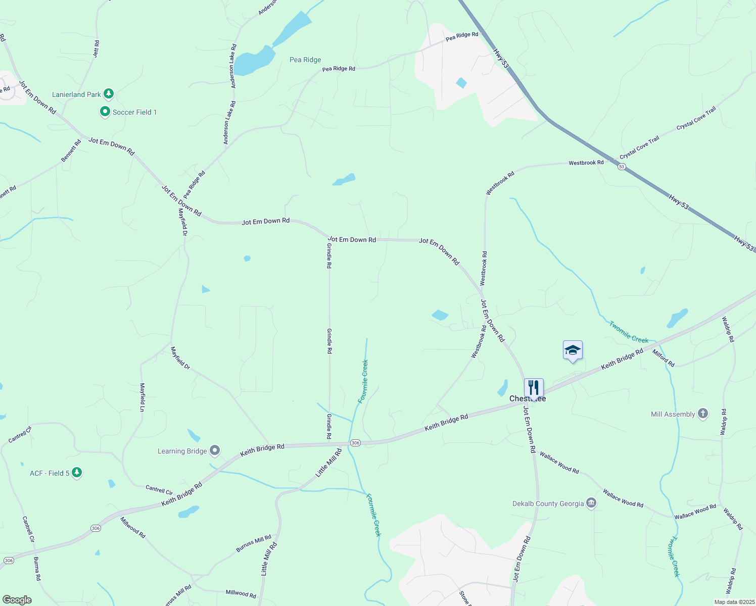 map of restaurants, bars, coffee shops, grocery stores, and more near 7155 Creek Ridge Drive in Gainesville