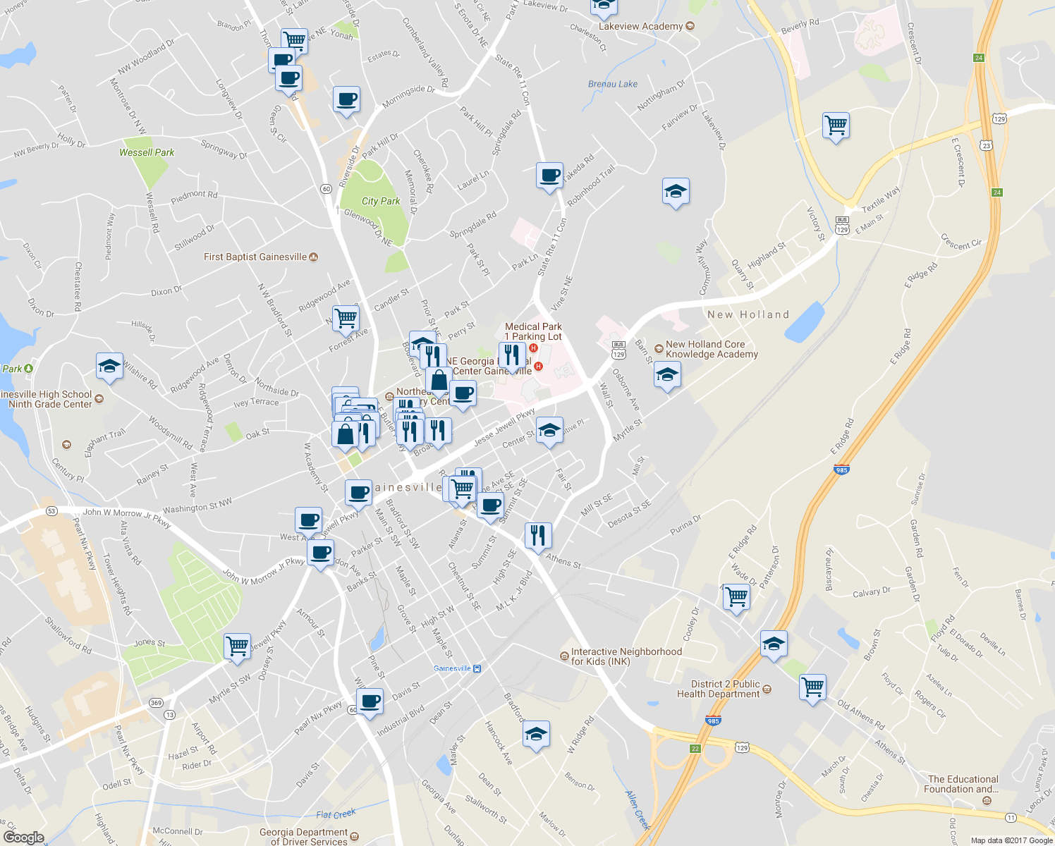 map of restaurants, bars, coffee shops, grocery stores, and more near 432 Fair Street in Gainesville