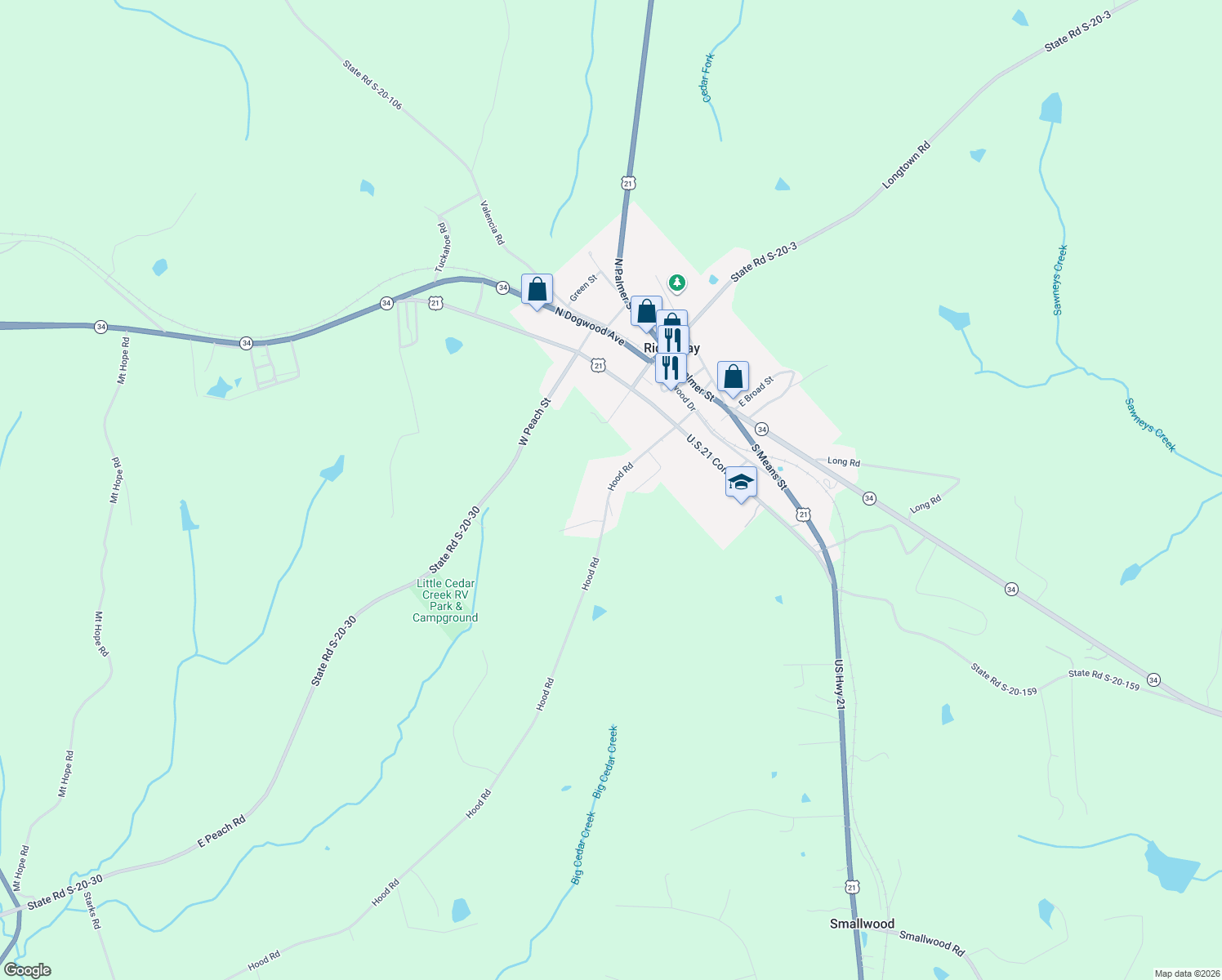 map of restaurants, bars, coffee shops, grocery stores, and more near 2153 Hood Road in Ridgeway