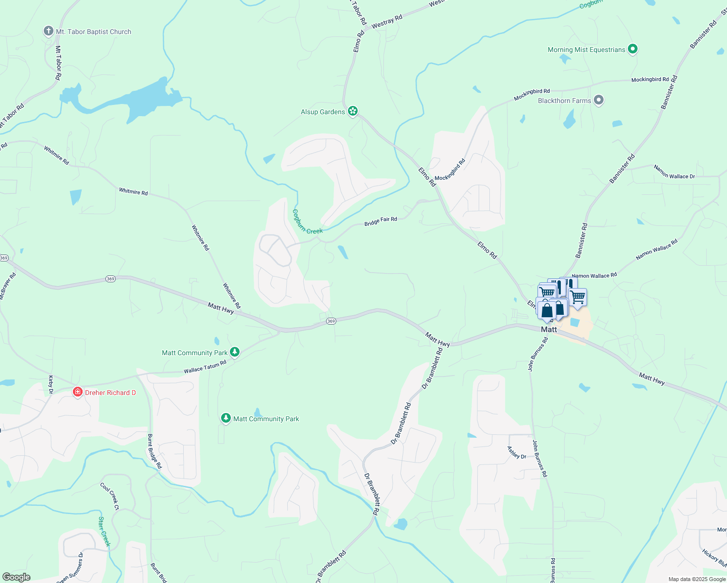 map of restaurants, bars, coffee shops, grocery stores, and more near 6110 Matt Highway in Cumming