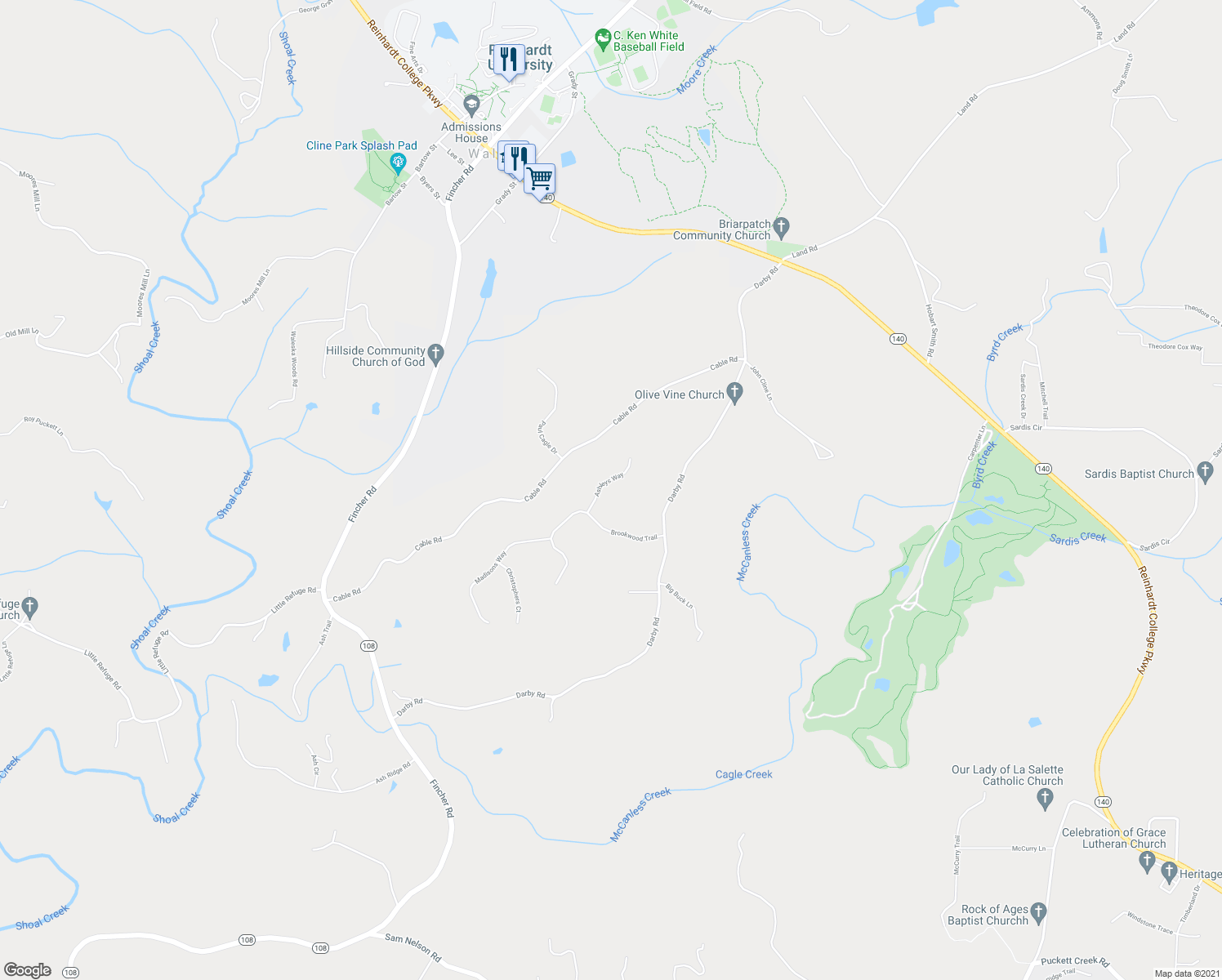 map of restaurants, bars, coffee shops, grocery stores, and more near 206 Ashleys Way in Waleska