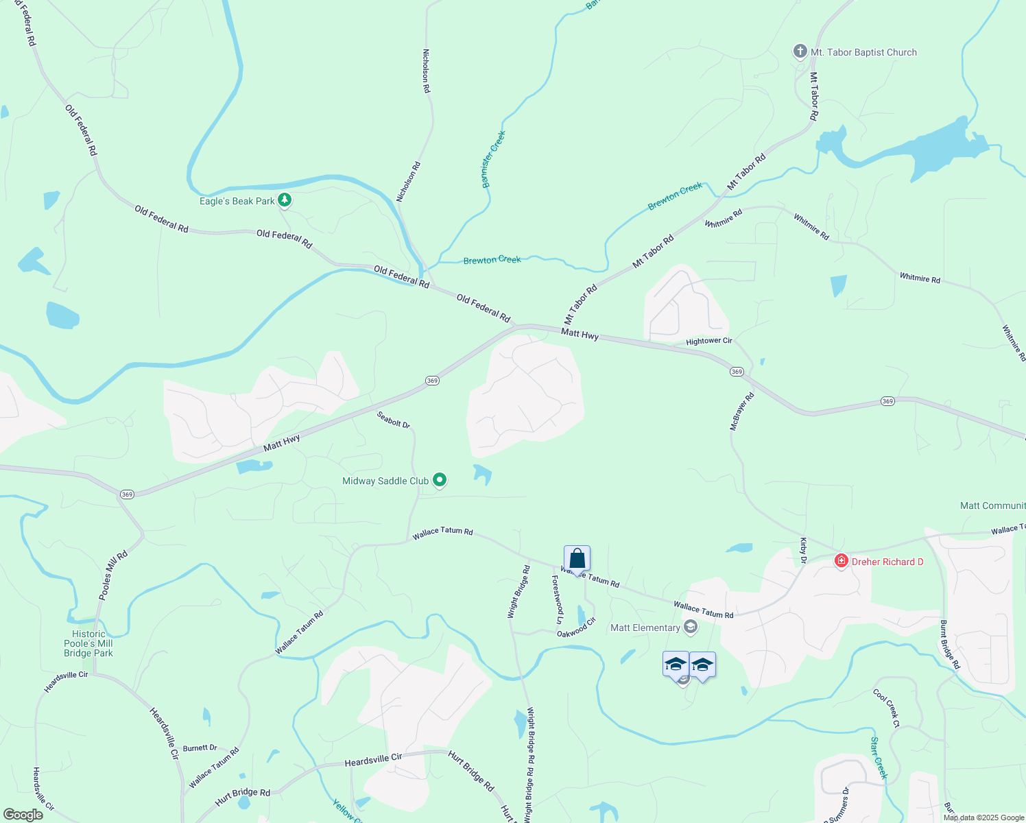map of restaurants, bars, coffee shops, grocery stores, and more near 8455 River Bluff Place in Ball Ground