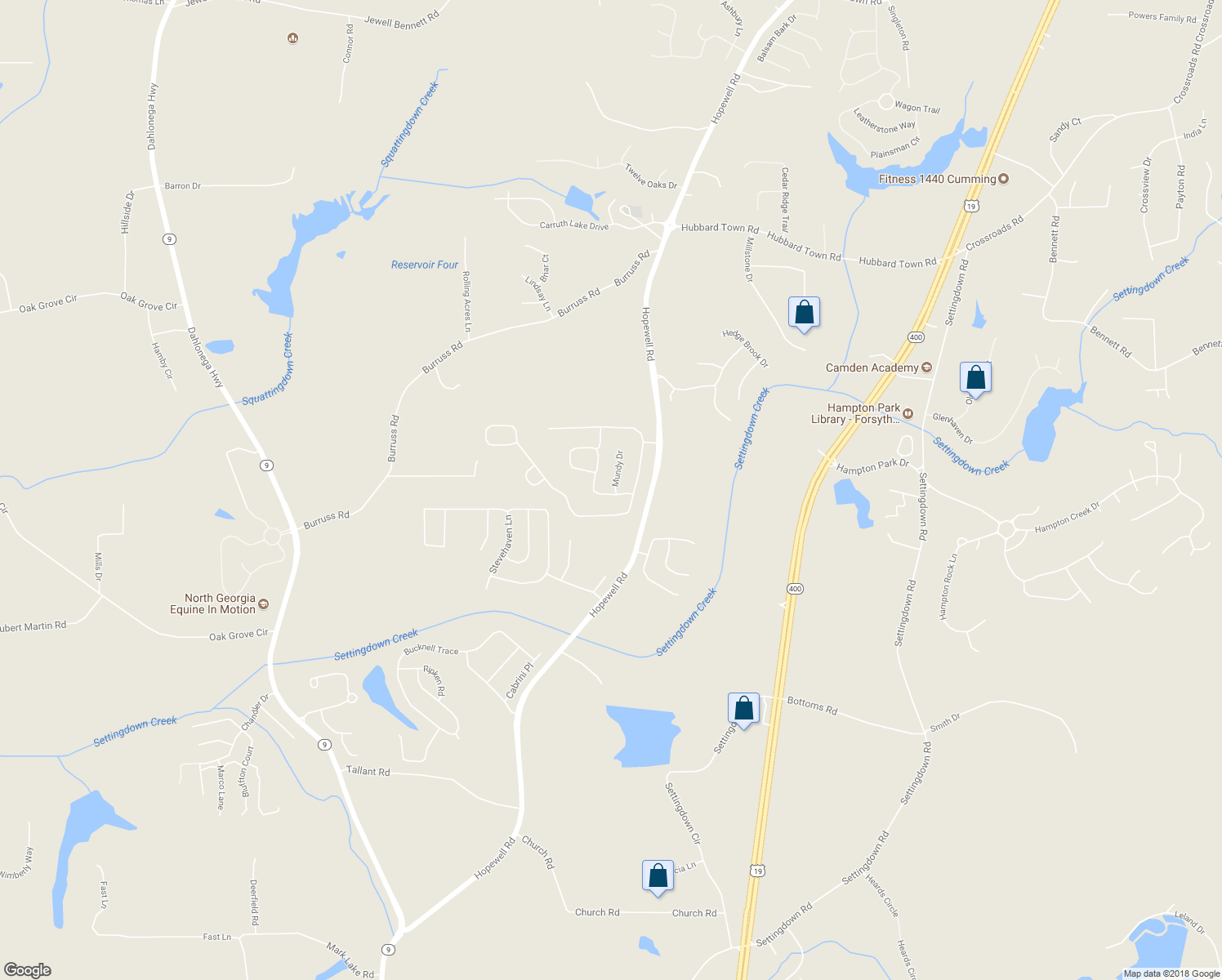 map of restaurants, bars, coffee shops, grocery stores, and more near 5005 Mundy Drive in Cumming