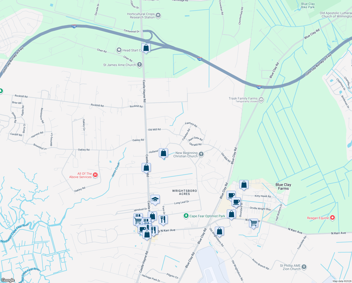 map of restaurants, bars, coffee shops, grocery stores, and more near 27 Holland Drive in Castle Hayne