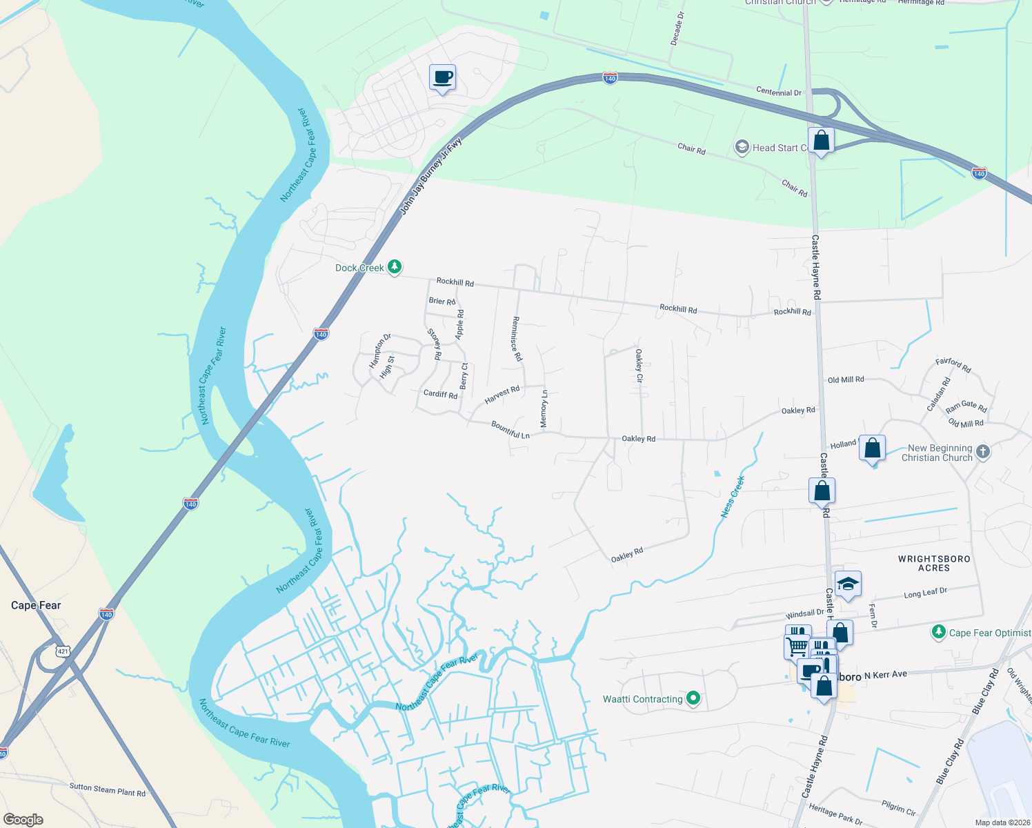 map of restaurants, bars, coffee shops, grocery stores, and more near 3008 Thatch Court in Castle Hayne