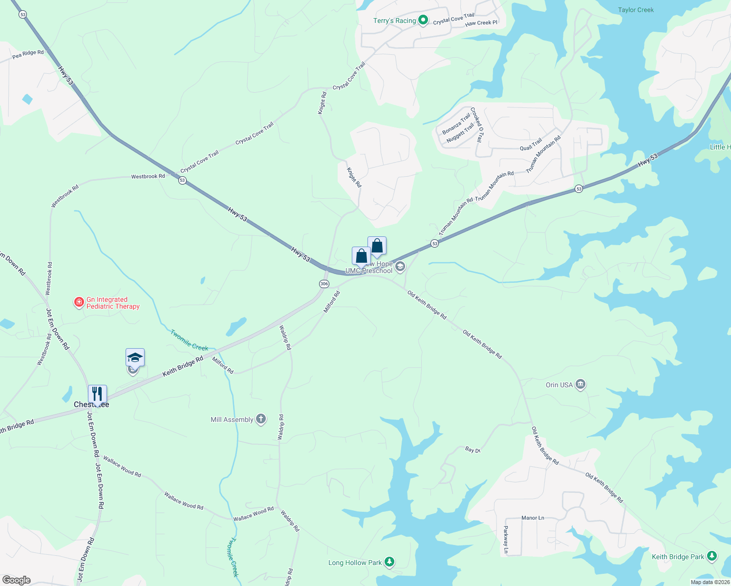 map of restaurants, bars, coffee shops, grocery stores, and more near 7770 Keith Bridge Road in Gainesville