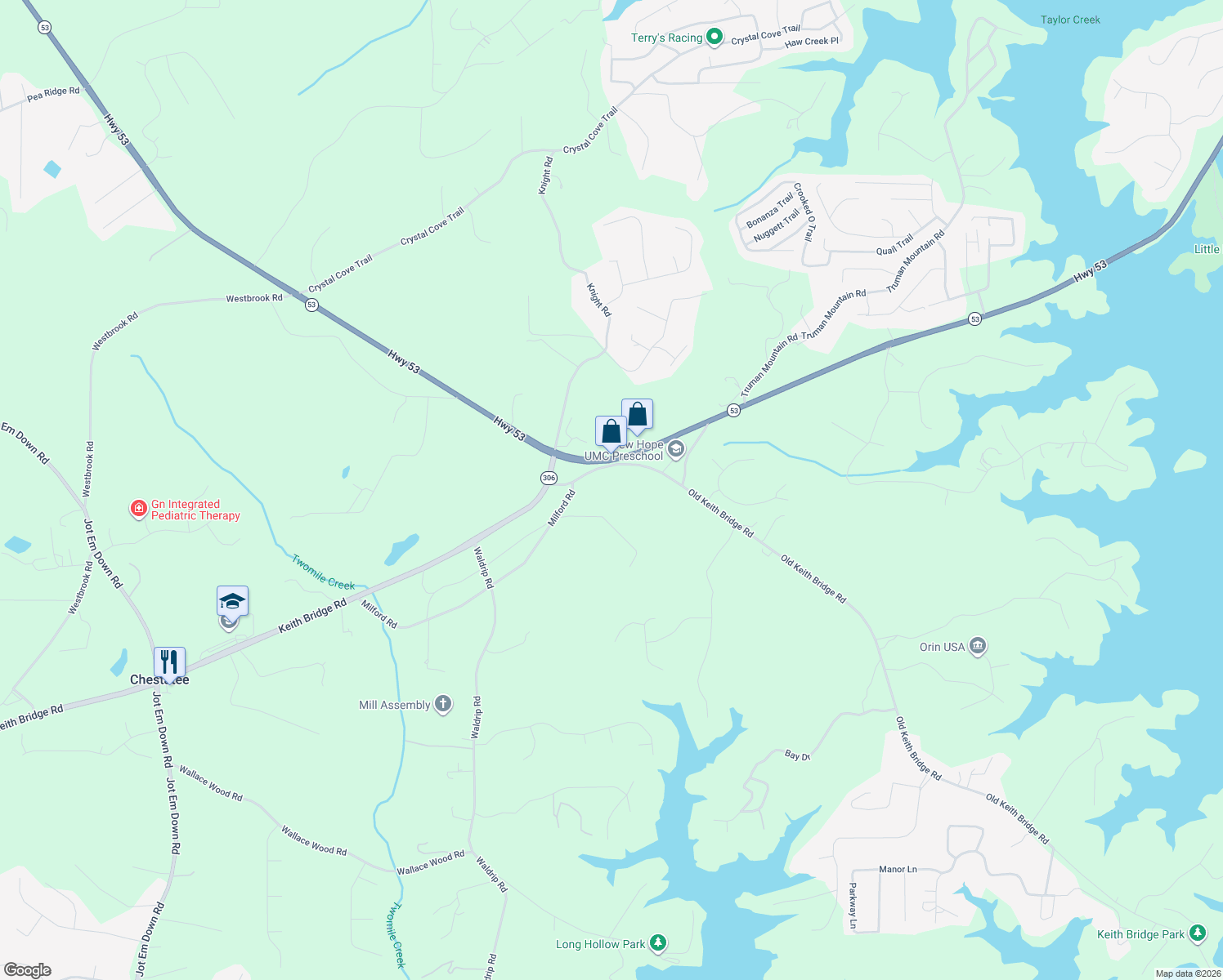 map of restaurants, bars, coffee shops, grocery stores, and more near 7770 Keith Bridge Road in Gainesville