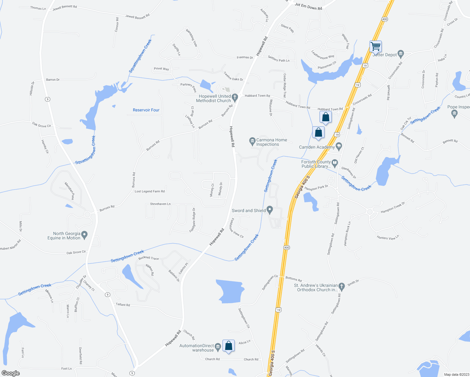 map of restaurants, bars, coffee shops, grocery stores, and more near Hopewell Road in Cumming