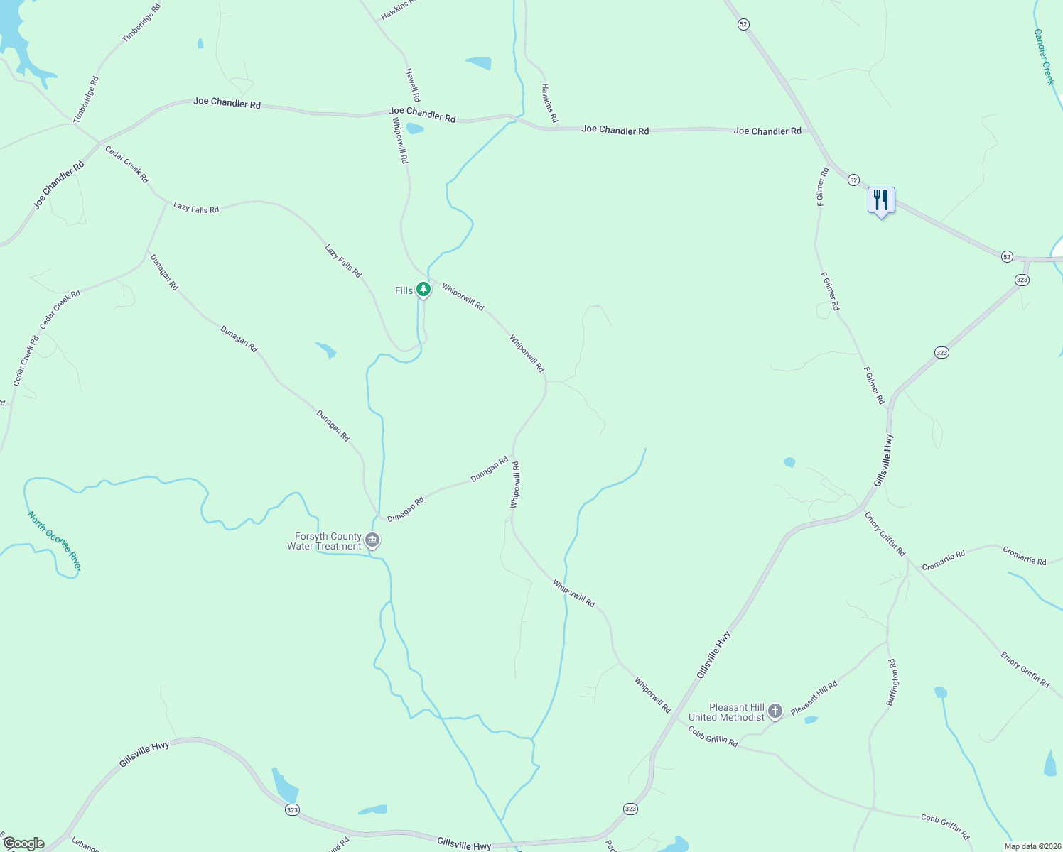 map of restaurants, bars, coffee shops, grocery stores, and more near 4379 Whiporwill Road in Gillsville