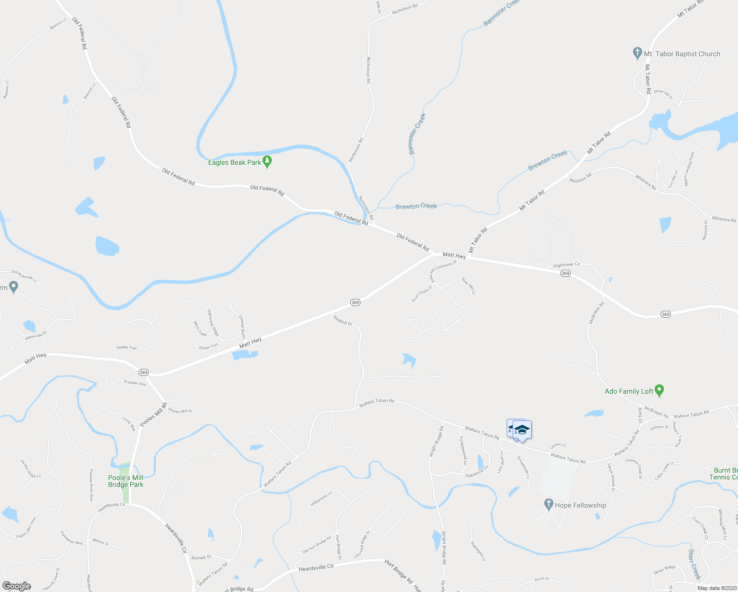 map of restaurants, bars, coffee shops, grocery stores, and more near Matt Highway in Ball Ground