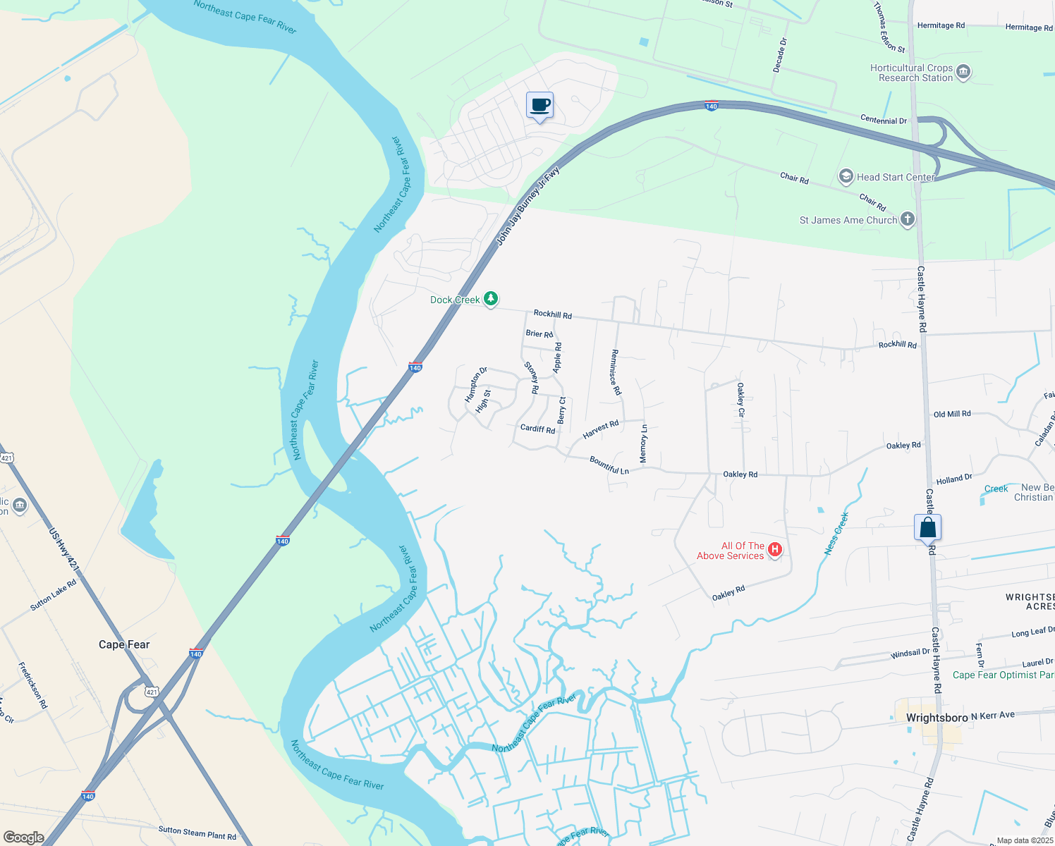 map of restaurants, bars, coffee shops, grocery stores, and more near 210 Cardiff Road in Castle Hayne
