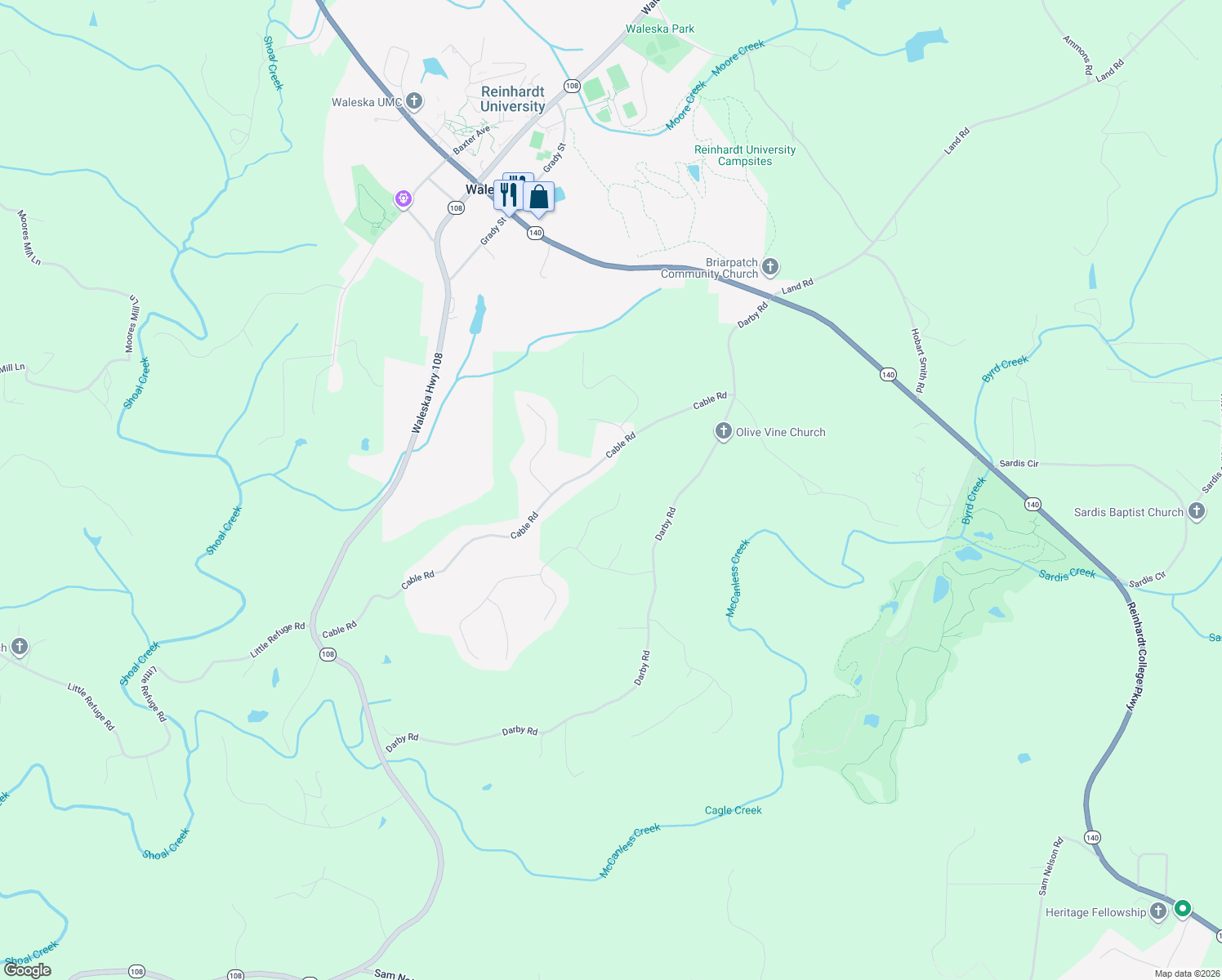 map of restaurants, bars, coffee shops, grocery stores, and more near 215 Ashleys Way in Waleska