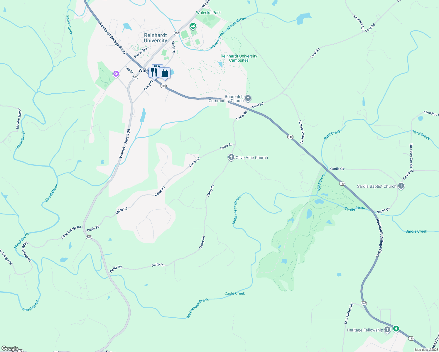 map of restaurants, bars, coffee shops, grocery stores, and more near 1571 Darby Road in Waleska