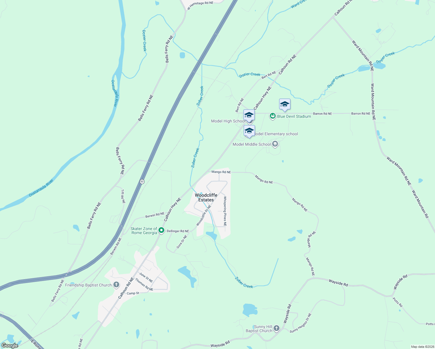 map of restaurants, bars, coffee shops, grocery stores, and more near 40 Mango Road Northeast in Rome